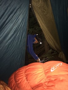 The view from my sleeping bag as Andrew gets ready to go.